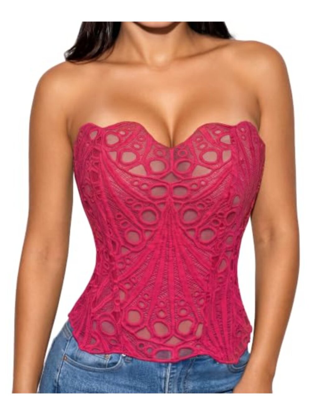 Lace Corset Top Sheer Floral Bustier Sweetheart Neckline Adjustable Lace-Up